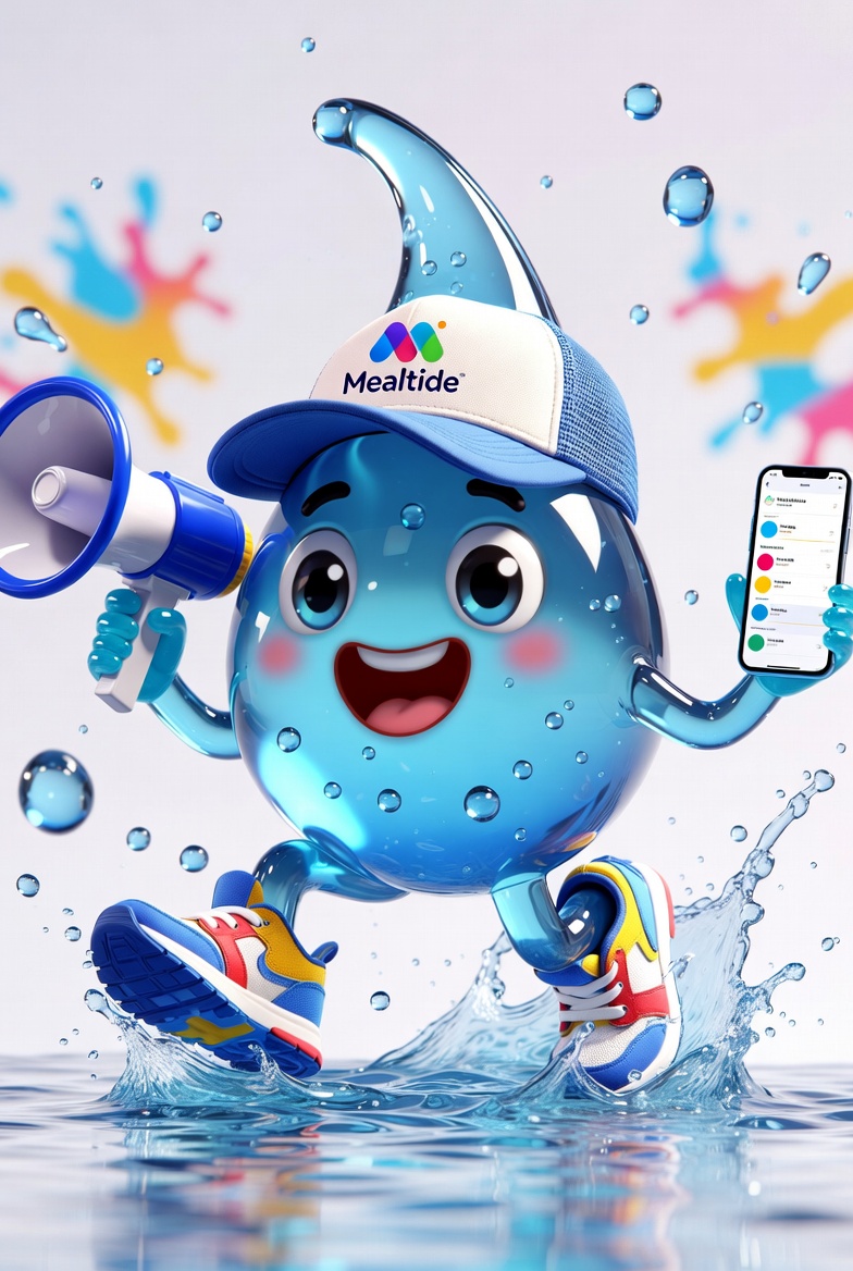 Tidey, Mealtide's friendly mascot — a smiling blue water-drop in a Mealtide cap, holding a phone